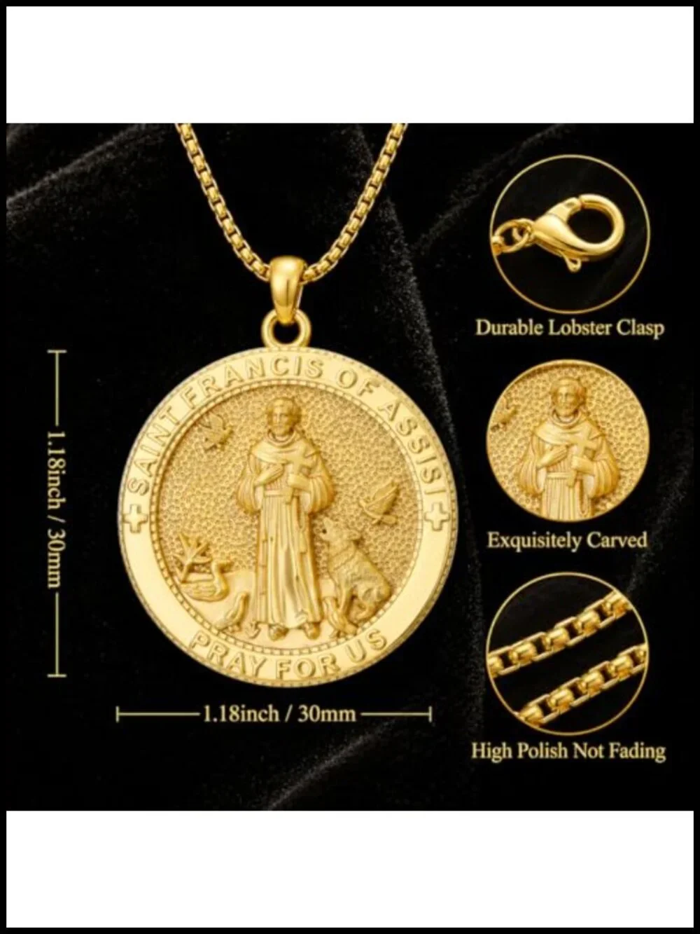 14K Gold Plated St Francis Medal Necklace Catholic Pendant for Men Women